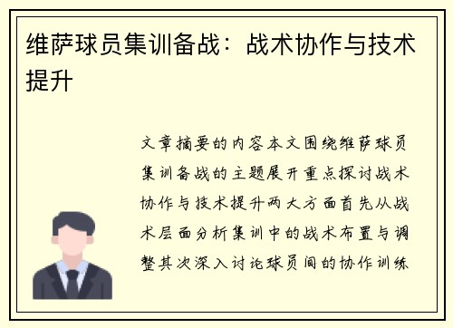 维萨球员集训备战：战术协作与技术提升